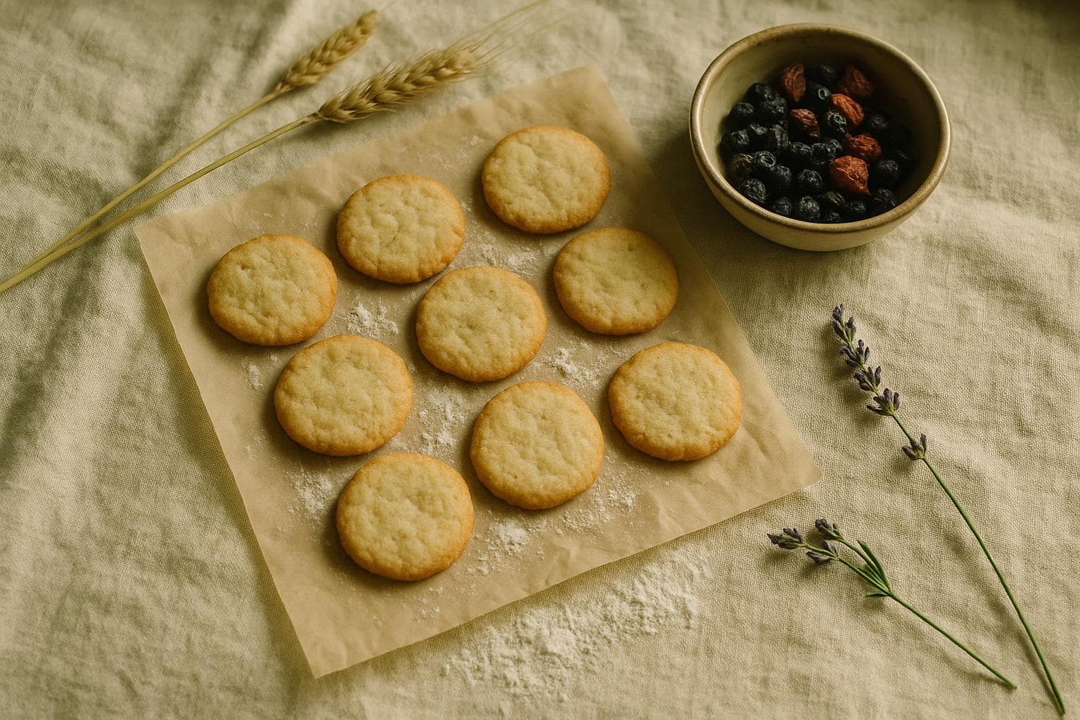 A dozen pale gold cookies on parchment, dusted with flour, beside dried berries and lavender