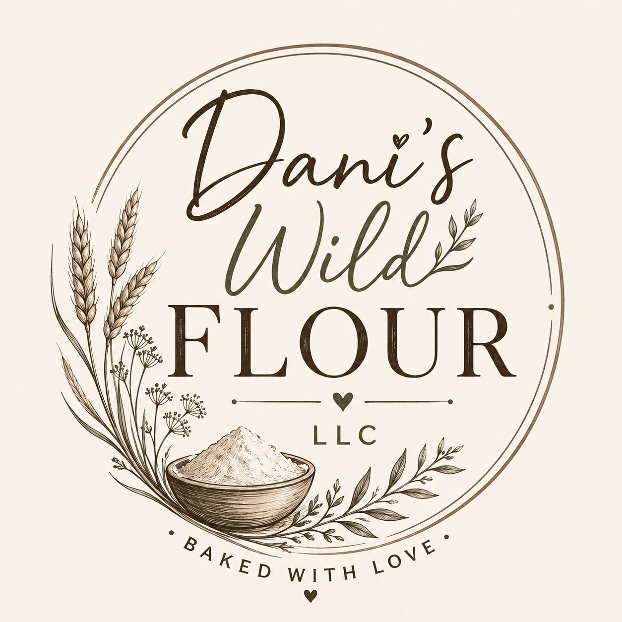 Dani's Wild Flour logo — a wheat stalk and bowl of flour, hand-drawn